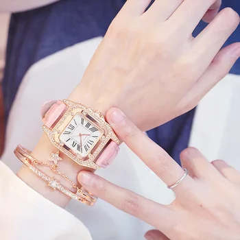 Kvadratni Luksuzni Diamond Ženske Ure Nastavite Usnja Dame Watch Nepremočljiva Žensko Ročno Uro Quartz Relogio Feminino Reloj Mujer 191302