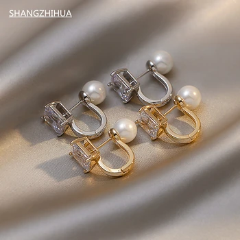 SHANGZHIHUA Nov trend 2021 pred in po nošenju luksuzni cirkon pearl gold uhani za ženske elegantna lepe nakit 42727