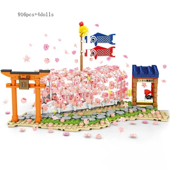 3 Slogi Mesto Street View Sakura Inari Svetišče gradniki Češnjev Cvet Ustvarjalca Hiša Opeke Igrače za Otroke 5023