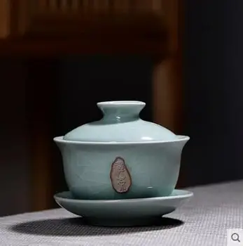 Keramični Tri-Pokrov Skledo Tea Cup Stekla Velike Modre in Bele Porcelanaste Čaj Skledo Belega Porcelana Gospodinjski Kitajski Čaj, Set 7734